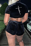 Wholesale Simple Velvet Design Embroidery Short Sleeve Zipper Crop Cardiagn Tops Skorts Plain Sport Suit HY5248