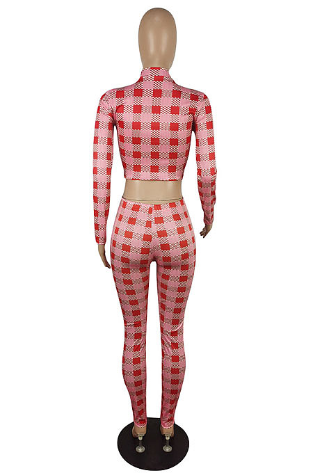 Wholesale Women Plaid Printed Long Sleeve Crop Tops Trousers Slim Fitting Suit E8633
