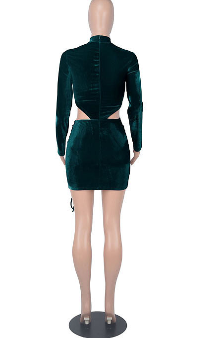 Women Sexy Long Sleeve Dew Waist Ruffle Fashion Velvet Tied Drawsting Mini Dress WMZ2691