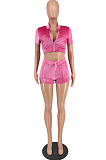 Wholesale Simple Velvet Design Embroidery Short Sleeve Zipper Crop Cardiagn Tops Skorts Plain Sport Suit HY5248
