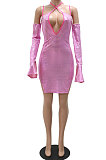 Women Sexy Irregular Hip Sexy V Collar Long Sleeve Condole Belt Split Mini Dress CCY9379