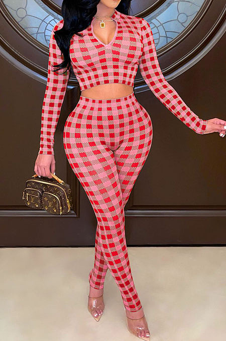 Wholesale Women Plaid Printed Long Sleeve Crop Tops Trousers Slim Fitting Suit E8633
