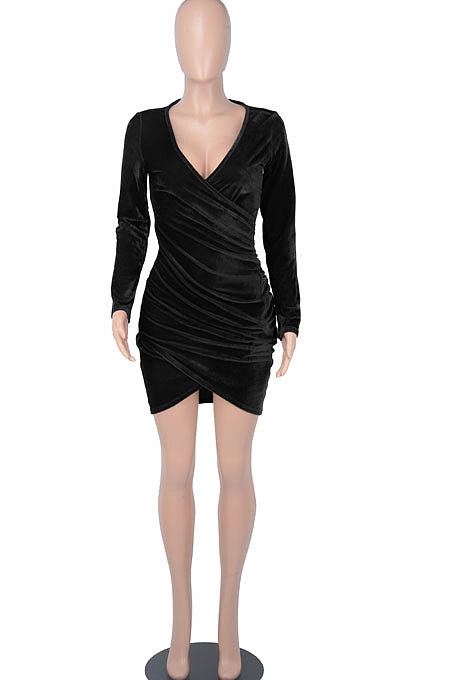 Sexy Fashion V Collar Flannel Ruffle Lower Hem Irregular Mini Dress WMZ2686