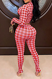 Wholesale Women Plaid Printed Long Sleeve Crop Tops Trousers Slim Fitting Suit E8633
