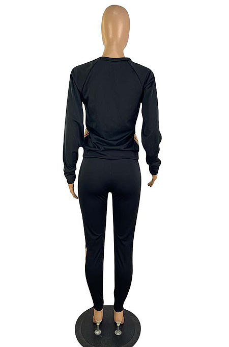 Fashion Casual Matching Color Long Sleeve Round Neck Tops Jogger Pants Suits E8635