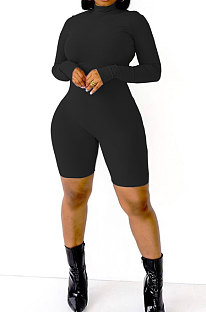 Long Sleeve Solid Color Ribber Bodycon Romper Shorts AD1303