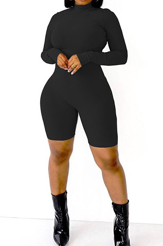 Long Sleeve Solid Color Ribber Bodycon Romper Shorts AD1303