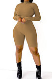 Long Sleeve Solid Color Ribber Bodycon Romper Shorts AD1303