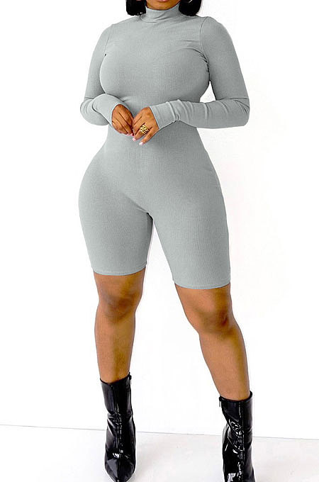 Long Sleeve Solid Color Ribber Bodycon Romper Shorts AD1303