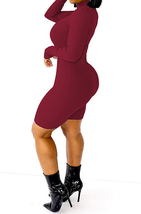 Long Sleeve Solid Color Ribber Bodycon Romper Shorts AD1303