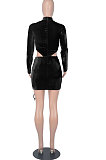 Women Sexy Long Sleeve Dew Waist Ruffle Fashion Velvet Tied Drawsting Mini Dress WMZ2691