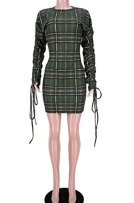 Euramerican Women Fashion Plaid Bandage Ruffle Mini Dress GL6528