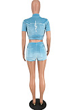 Wholesale Simple Velvet Design Embroidery Short Sleeve Zipper Crop Cardiagn Tops Skorts Plain Sport Suit HY5248