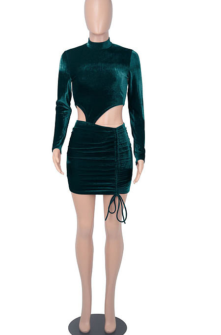 Women Sexy Long Sleeve Dew Waist Ruffle Fashion Velvet Tied Drawsting Mini Dress WMZ2691