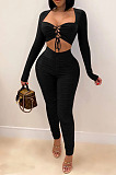 Sexy Fashion Long Sleeve Bandage Crop Srtapless Tops Ruffle Skinny Pants Suit E8643