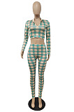 Wholesale Women Plaid Printed Long Sleeve Crop Tops Trousers Slim Fitting Suit E8633