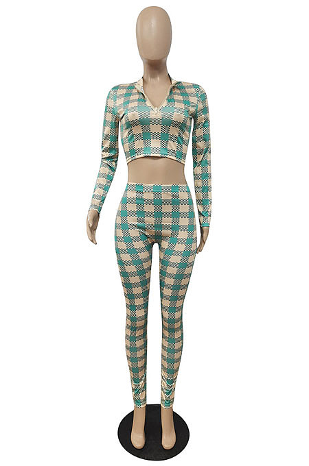Wholesale Women Plaid Printed Long Sleeve Crop Tops Trousers Slim Fitting Suit E8633