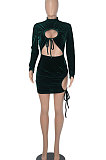 Euramerican Women Solid Color Long Sleeve Velvet Tied Crop Mini Dress WMZ0166