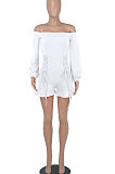 Women Long Sleeve A Word Shoulder Lower Hem Flounce Romper Shorts WMZ2693