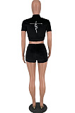 Wholesale Simple Velvet Design Embroidery Short Sleeve Zipper Crop Cardiagn Tops Skorts Plain Sport Suit HY5248