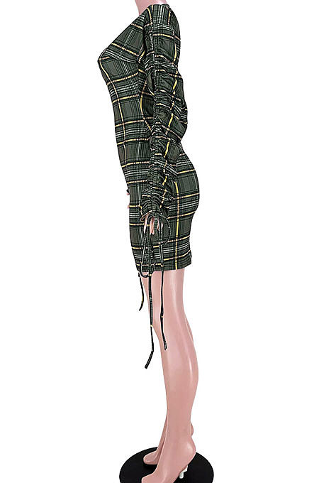Euramerican Women Fashion Plaid Bandage Ruffle Mini Dress GL6528