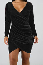 Sexy Fashion V Collar Flannel Ruffle Lower Hem Irregular Mini Dress WMZ2686