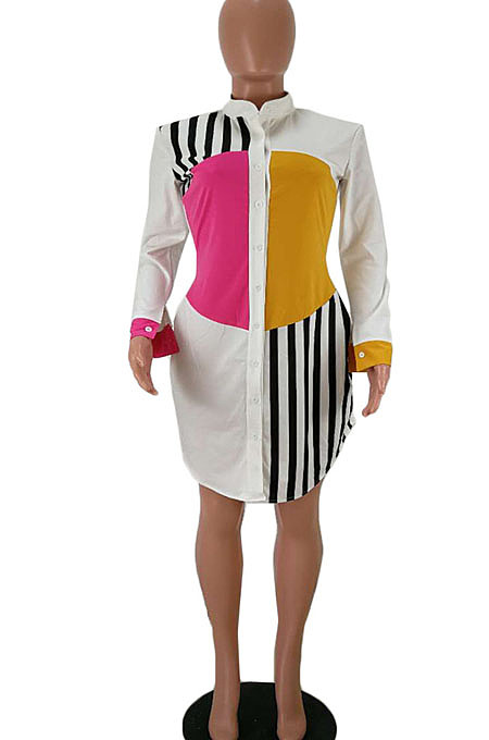 Wholesale Women Matching Color Design Printed Long Sleeve Single-Breasted Casual Shirts Dress HHM6087