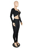 Sexy Fashion Long Sleeve Bandage Crop Srtapless Tops Ruffle Skinny Pants Suit E8643