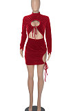 Euramerican Women Solid Color Long Sleeve Velvet Tied Crop Mini Dress WMZ0166