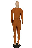 Sexy Fashion Long Sleeve Bandage Crop Srtapless Tops Ruffle Skinny Pants Suit E8643