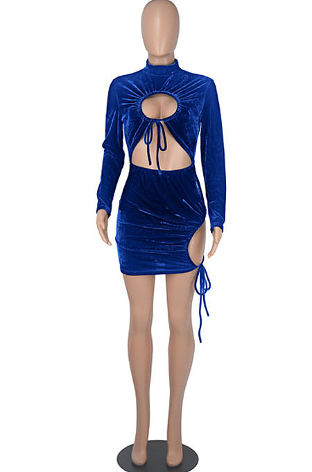 Euramerican Women Solid Color Long Sleeve Velvet Tied Crop Mini Dress WMZ0166