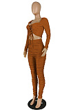 Sexy Fashion Long Sleeve Bandage Crop Srtapless Tops Ruffle Skinny Pants Suit E8643