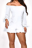 Women Long Sleeve A Word Shoulder Lower Hem Flounce Romper Shorts WMZ2693