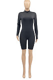 Long Sleeve Solid Color Ribber Bodycon Romper Shorts AD1303