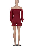 Women Long Sleeve A Word Shoulder Lower Hem Flounce Romper Shorts WMZ2693