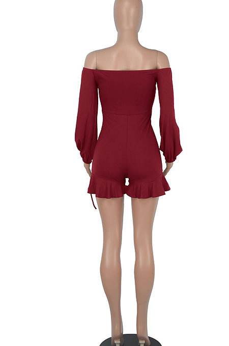 Women Long Sleeve A Word Shoulder Lower Hem Flounce Romper Shorts WMZ2693