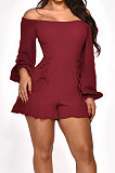 Women Long Sleeve A Word Shoulder Lower Hem Flounce Romper Shorts WMZ2693