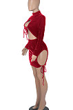 Euramerican Women Solid Color Long Sleeve Velvet Tied Crop Mini Dress WMZ0166