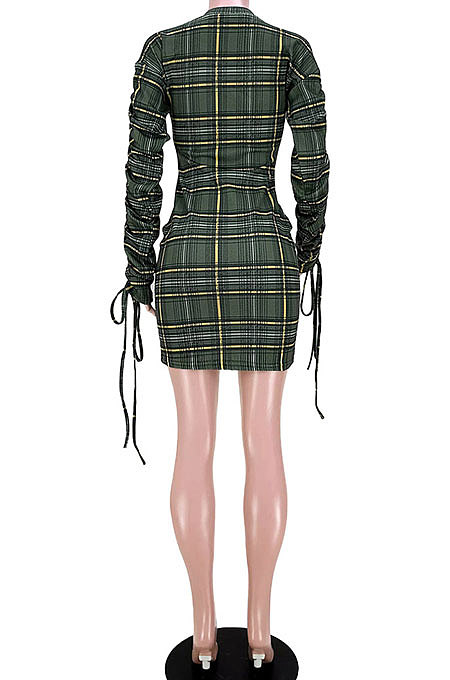 Euramerican Women Fashion Plaid Bandage Ruffle Mini Dress GL6528