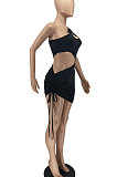 Euramerican Sexy Pure Color One Shoulder Dew Waist Drawsting Mini Dress AA5294