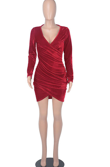 Sexy Fashion V Collar Flannel Ruffle Lower Hem Irregular Mini Dress WMZ2686