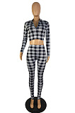 Wholesale Women Plaid Printed Long Sleeve Crop Tops Trousers Slim Fitting Suit E8633