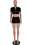 Wholesale Simple Velvet Design Embroidery Short Sleeve Zipper Crop Cardiagn Tops Skorts Plain Sport Suit HY5248