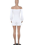 Women Long Sleeve A Word Shoulder Lower Hem Flounce Romper Shorts WMZ2693