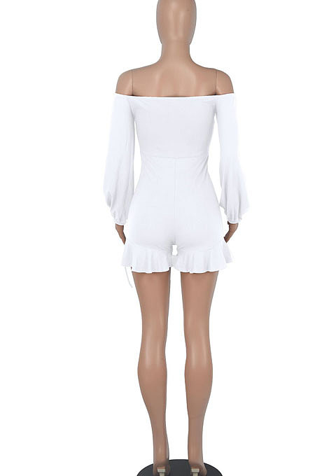 Women Long Sleeve A Word Shoulder Lower Hem Flounce Romper Shorts WMZ2693