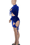 Euramerican Women Solid Color Long Sleeve Velvet Tied Crop Mini Dress WMZ0166