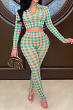 Wholesale Women Plaid Printed Long Sleeve Crop Tops Trousers Slim Fitting Suit E8633