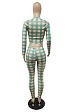 Wholesale Women Plaid Printed Long Sleeve Crop Tops Trousers Slim Fitting Suit E8633