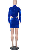 Women Sexy Long Sleeve Dew Waist Ruffle Fashion Velvet Tied Drawsting Mini Dress WMZ2691