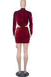 Women Sexy Long Sleeve Dew Waist Ruffle Fashion Velvet Tied Drawsting Mini Dress WMZ2691